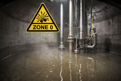 Industrial wet area with Zone 0 explosion hazard warning sign.