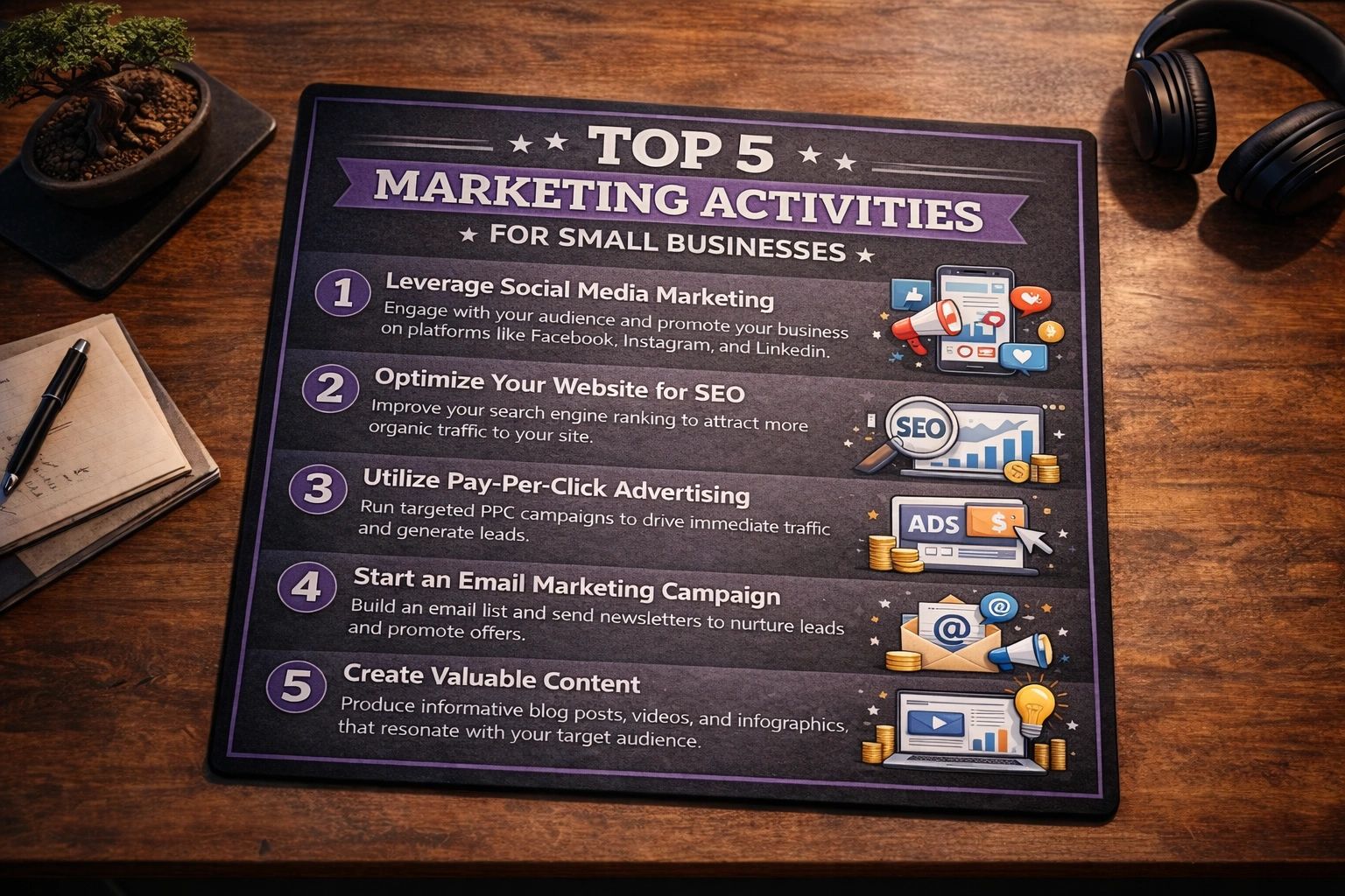 Top 5 marketing activities for small businesses with icons on a desk.