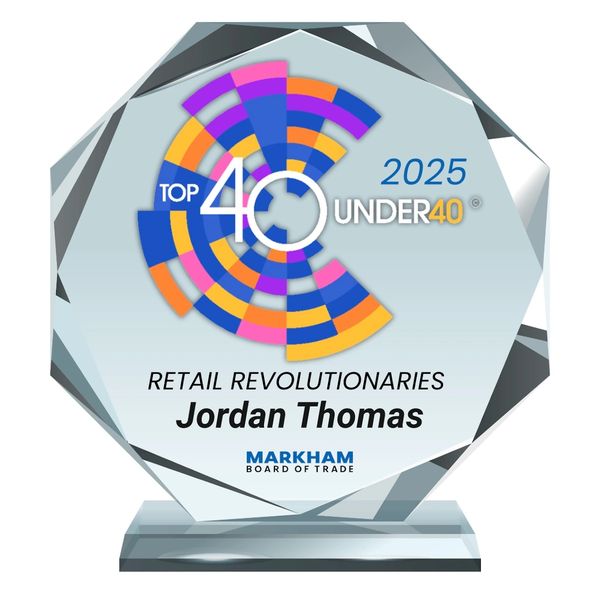 Top 40 Under 40 Retail Revolutionaries Award 2025 presented to Jordan Thomas by Markham Board of Tra