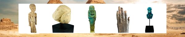 Ancient Egyptian artifacts: statues, ushabtis, amulets, and relics showcasing Egypt's rich history.