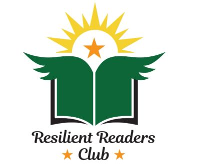 Logo of Resilient Readers Club with book, wings, sun, and stars.