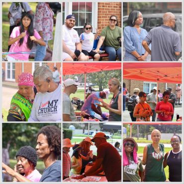 Community members enjoying an outdoor event with diverse groups and activities.