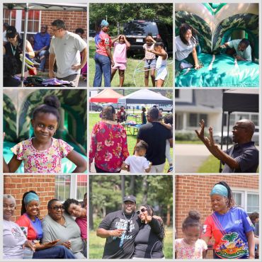 Collage of diverse people enjoying outdoor event with playful and social moments.