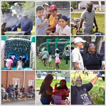 Community outdoor gathering with diverse activities and people.