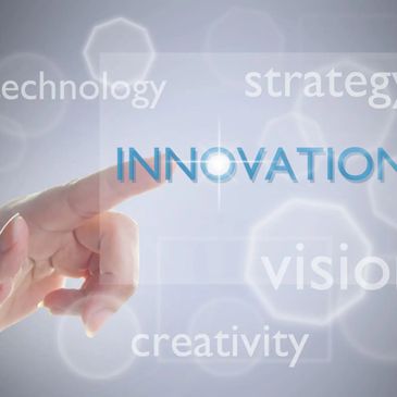 Hand touching a virtual screen with words like innovation, technology, and strategy.