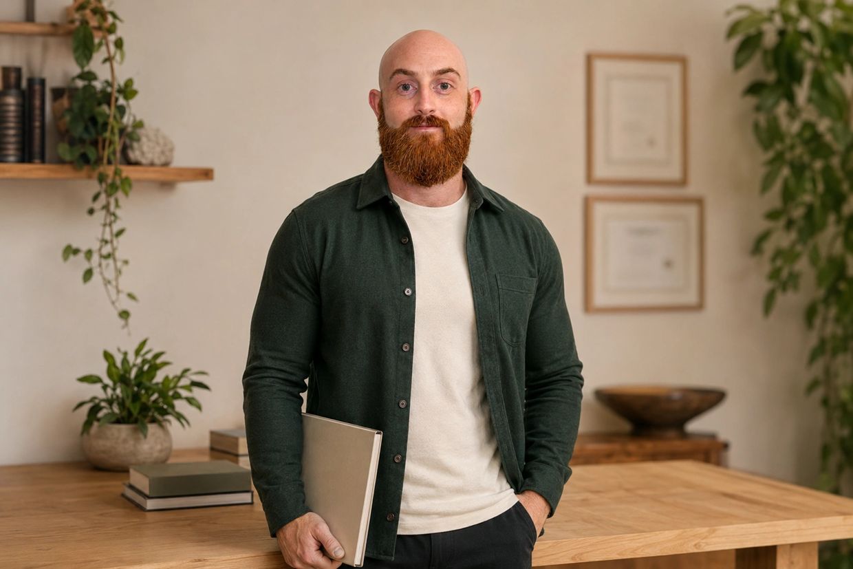 Bald man with beard holding a laptop in a cozy office.