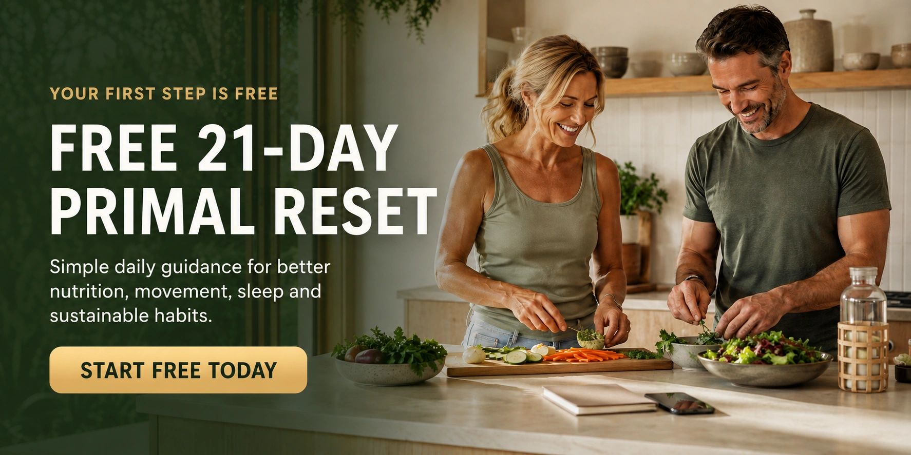 Happy couple preparing healthy food during a 21-day primal reset program.