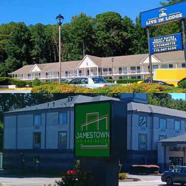 Two different motel and hotel buildings with signage.