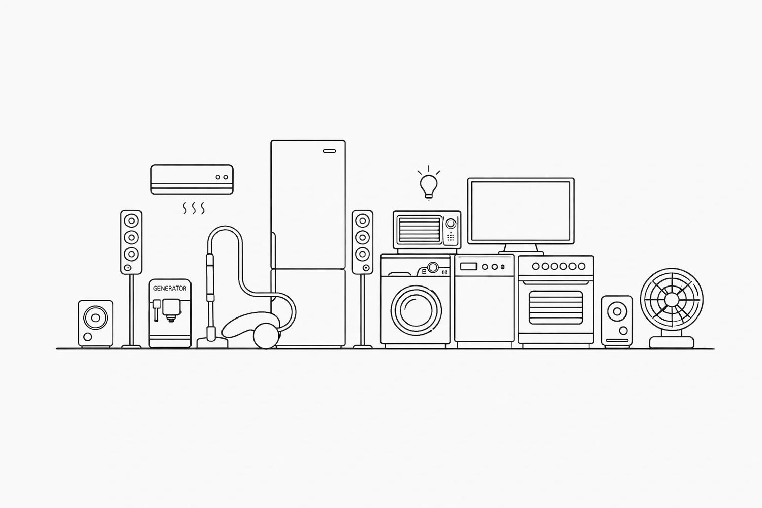 Line drawing of various home appliances including a fridge, vacuum, and oven.