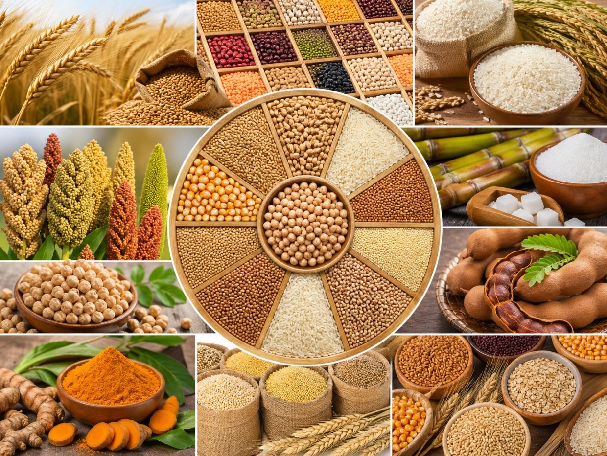 A variety of grains, pulses, and spices arranged in bowls and sacks.