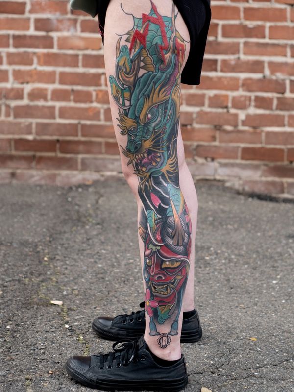 dragon and hannya japanese tattoo on a leg
