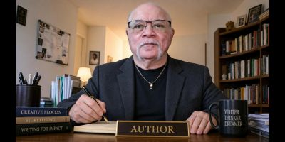 Author Darno Von DeJohnette is sitting at his desk
