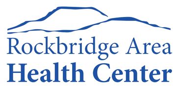 Logo of Rockbridge Area Health Center with blue text and mountain design.
