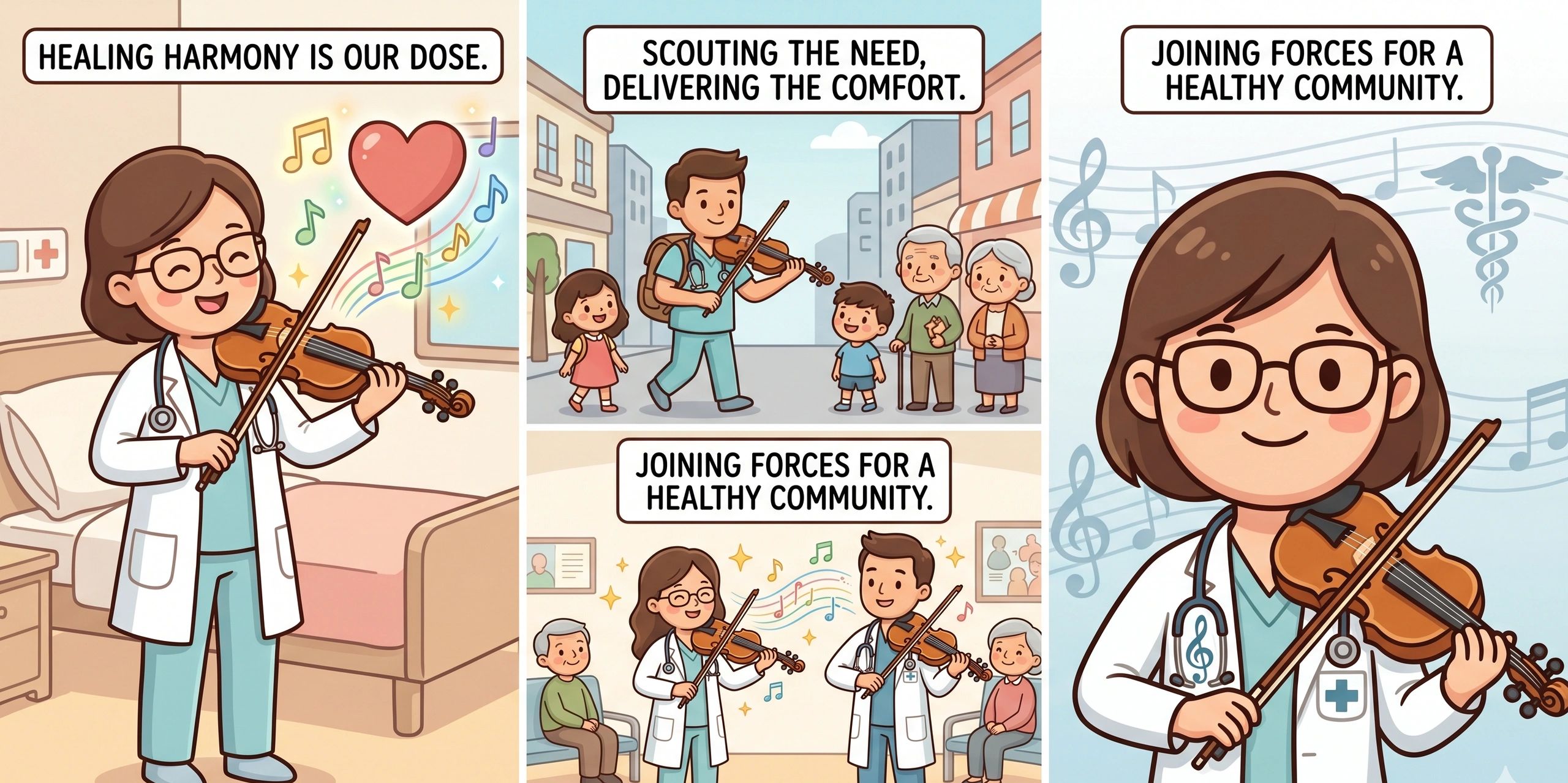 Doctors playing violins to heal and unite the community through music.