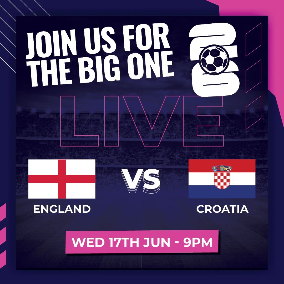 Live football match: England vs Croatia, June 17th, 9 PM.