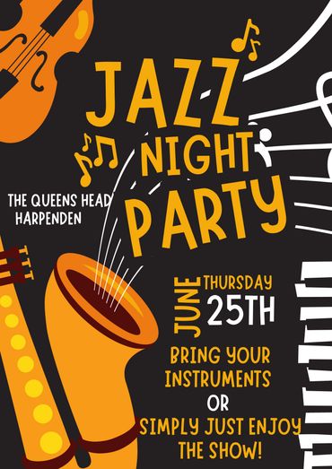 Jazz Night Party poster with instruments and event details.