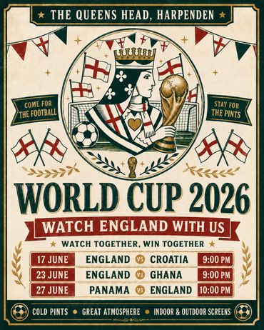 Vintage-style poster promoting World Cup 2026 matches at The Queens Head, Harpenden.