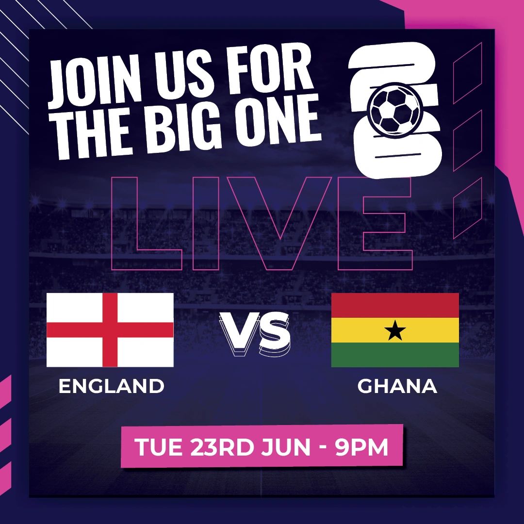 Live football match: England vs Ghana on June 23 at 9 PM.