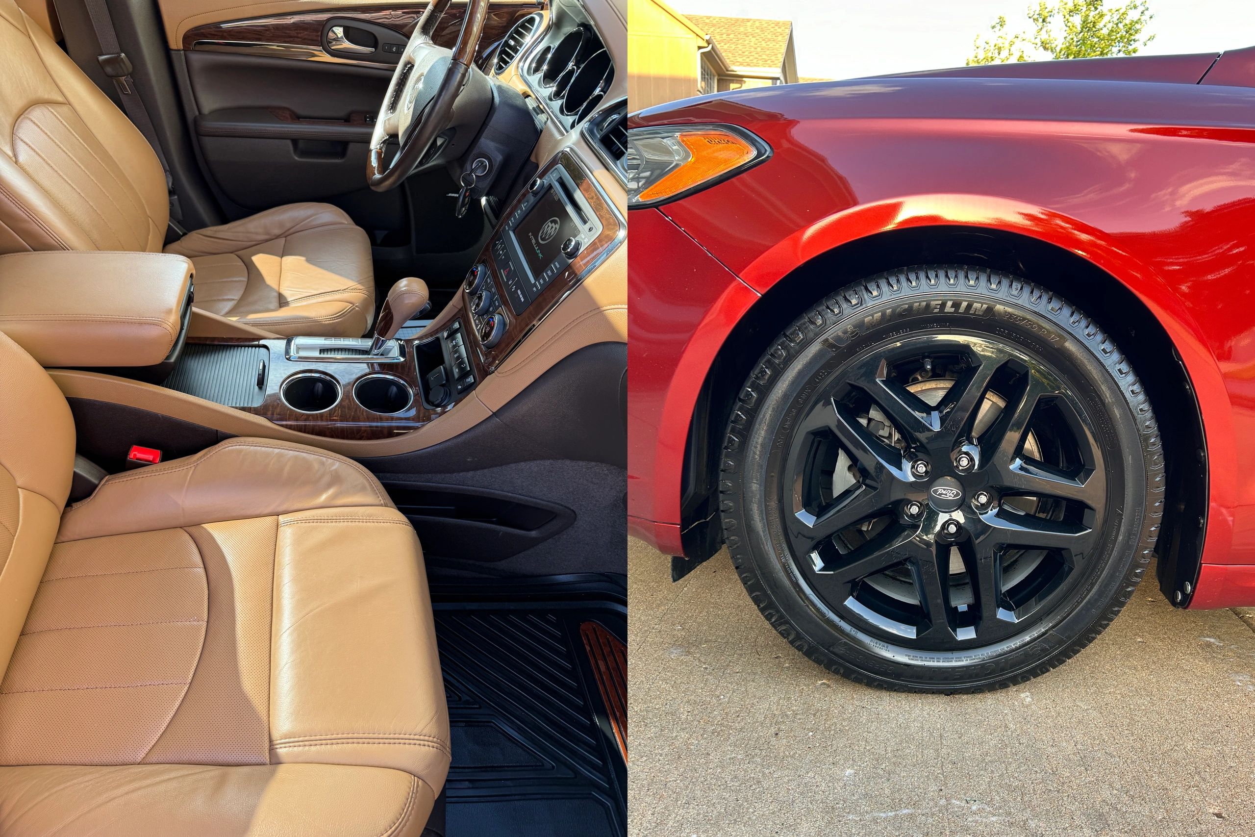 Luxury car interior with tan leather seats and exterior red car wheel with black rims.