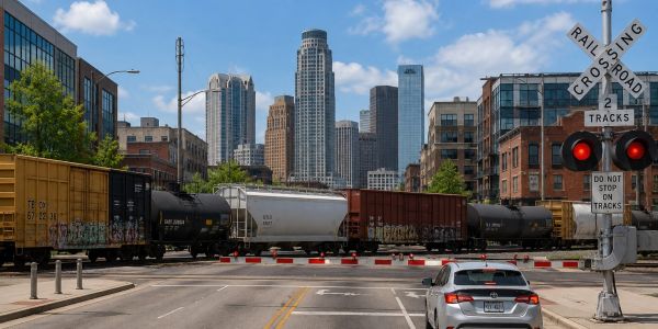 Train blocking a crossing in an urban setting