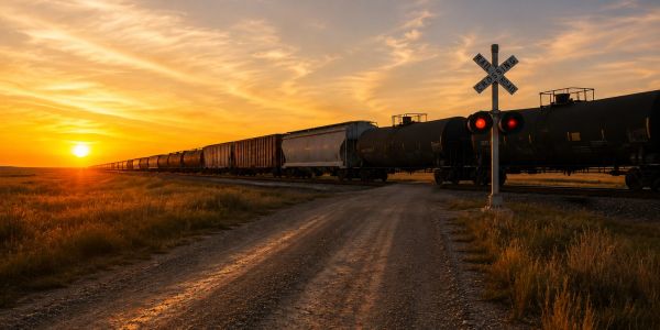 Remote rail road crossing with freight train blocking road
