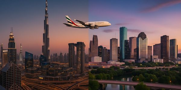 Dubai and U.S. skyline with Emirates airplane – L’Avenir’s international real estate vision.