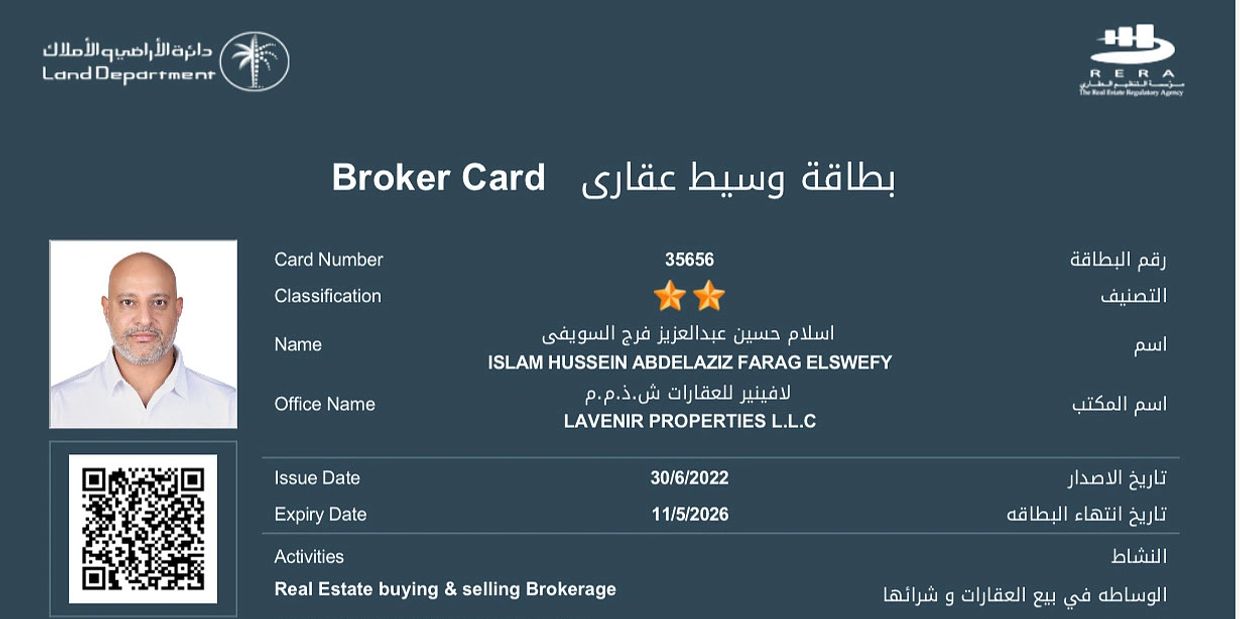 RERA Certified Broker Card of Islam Elswefy – L’Avenir Properties Dubai.