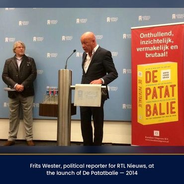 Frits Wester, political reporter for RTL Nieuws, with Hans Izaak Kriek at the launch of De Patatbali