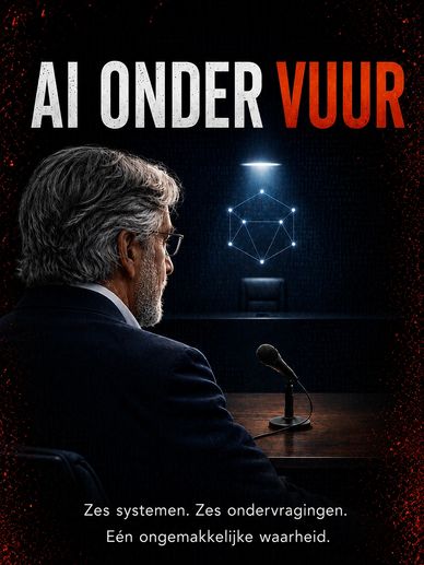 Man sitting at a microphone in a dark room with glowing AI network.