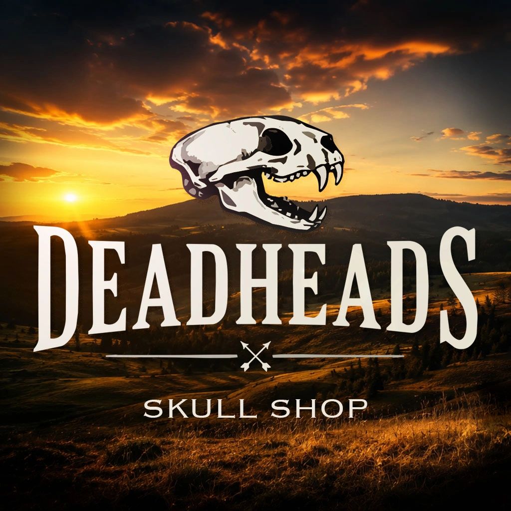 Deadheads Skull Shop logo with predator animal skull and sunset background of the Alberta porcupine hills famous for hunting and wildlife.