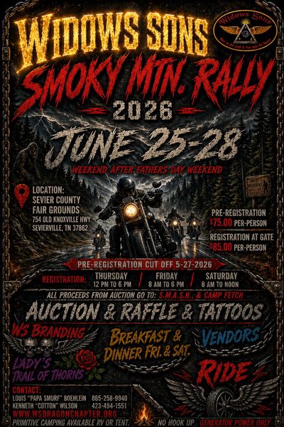 Widows Sons Smoky Mountain Rally 2026 motorcycle event poster.