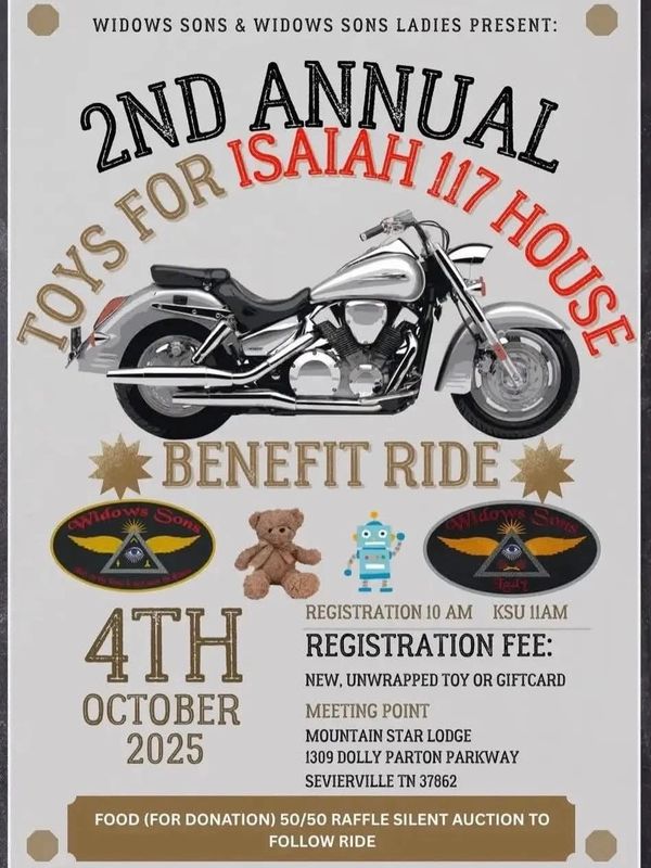 2nd Annual “Toys for Isaiah 117 House” Benefit Ride 2025