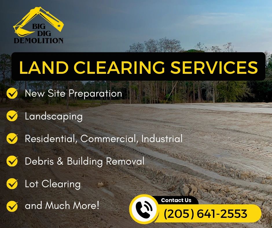 Land clearing services are offered in Chelsea, Birmingham, AL by Big Dig Demolition.