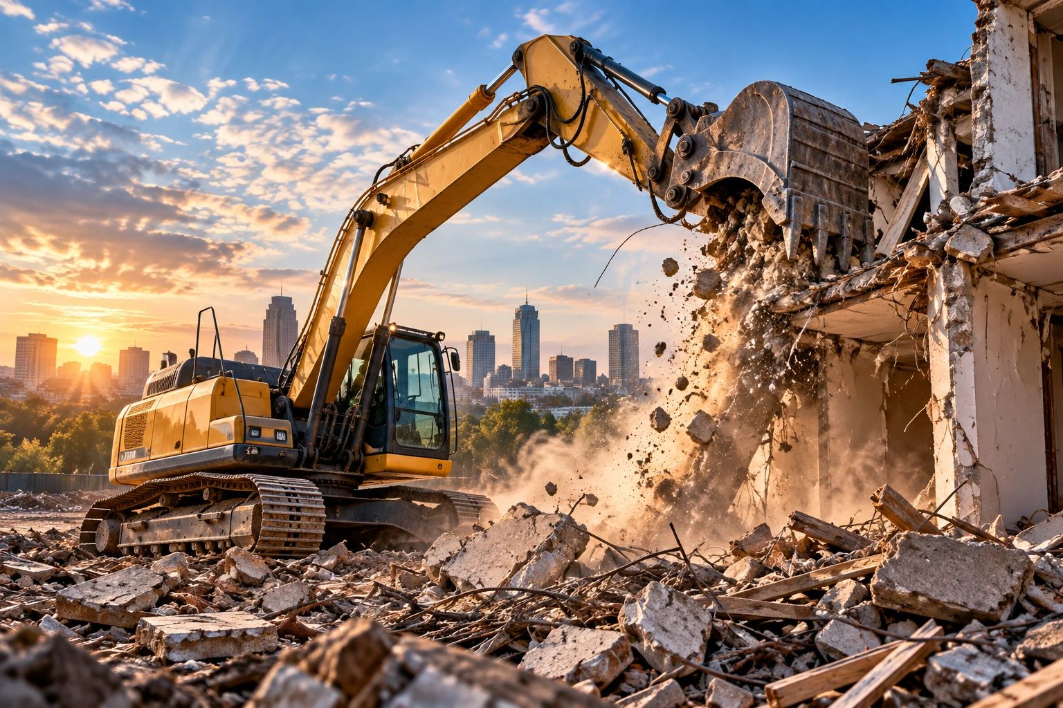Excavator demolishing a building at a Birmingham, AL demolition site