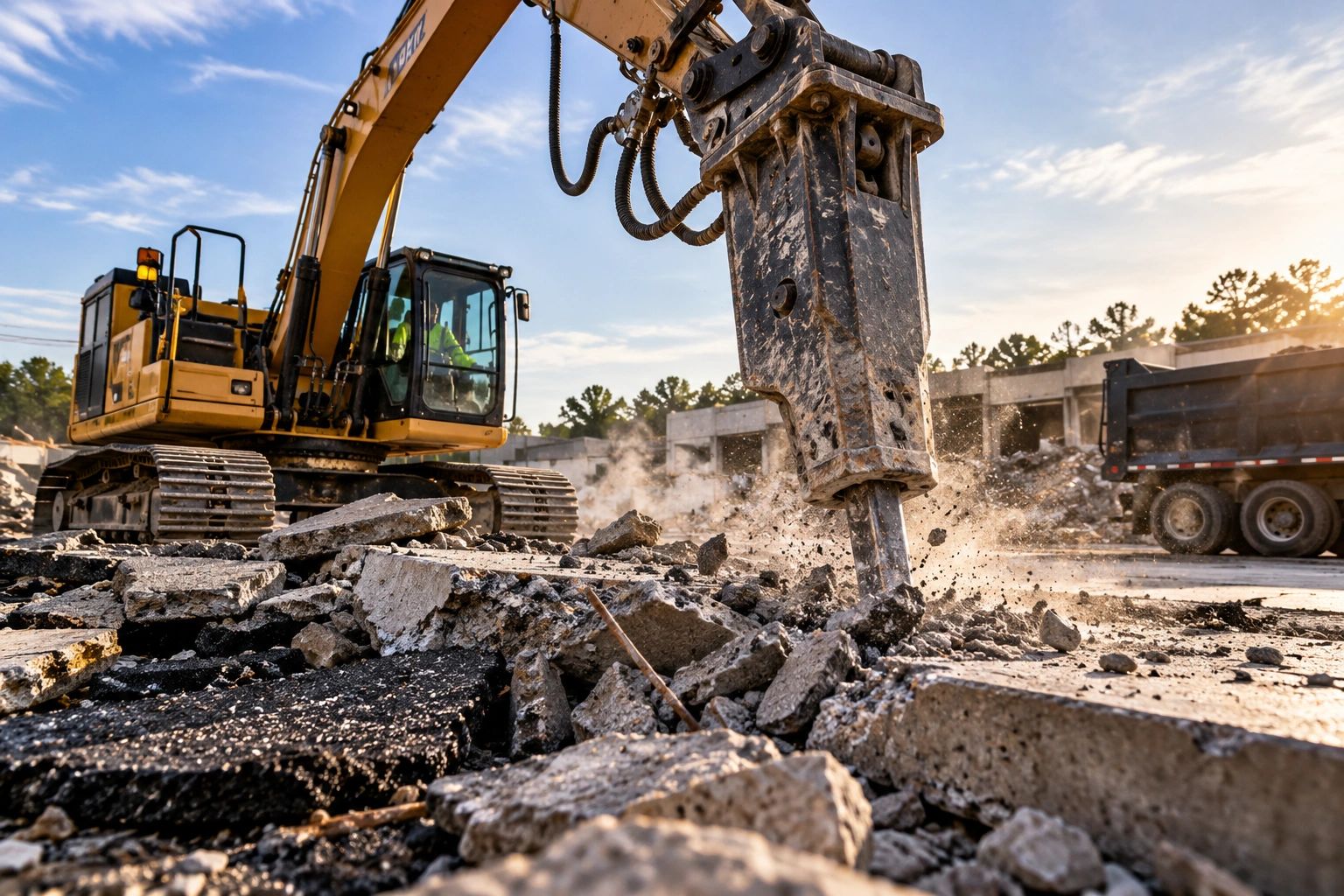 Excavator breaking up concrete and asphalt at a demolition site