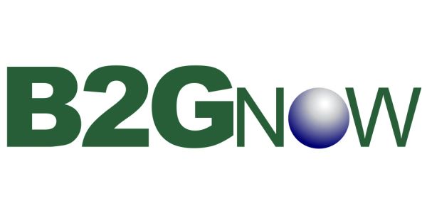 Logo with text 'B2GNow' featuring a blue and white gradient sphere.