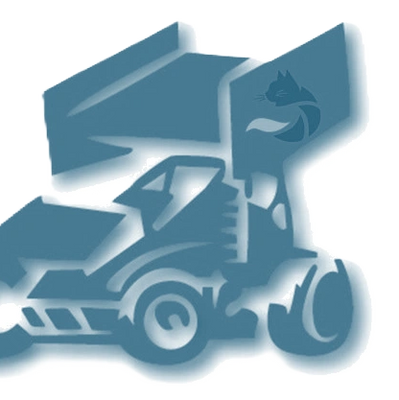 Stylized blue illustration of a sprint car with a fox logo.