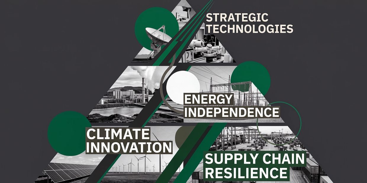 A pyramid infographic showing strategic technologies, energy independence, climate innovation, and supply chain resilience.