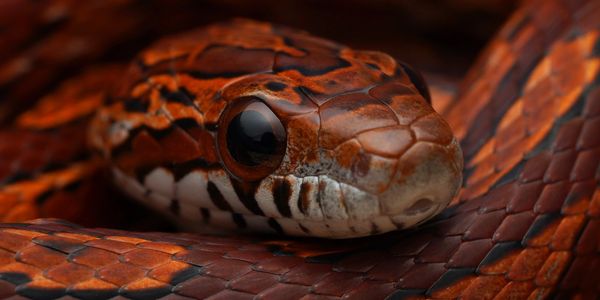 Close-up of a red and black patterned snake coiled up.