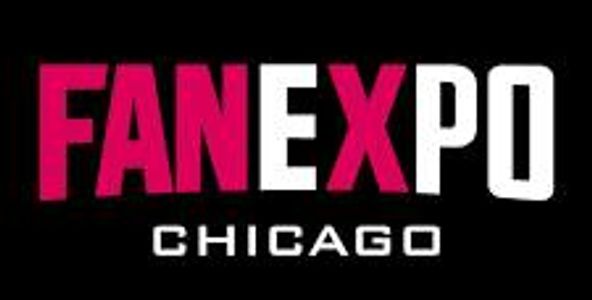 Fan Expo Chicago logo with bold red and white text on black background.