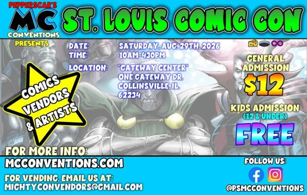 St. Louis Comic Con event details with admission prices and vendor info.