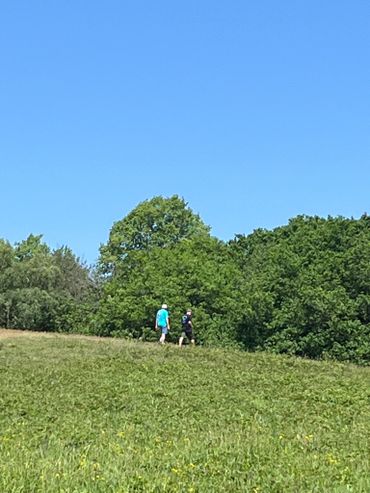 Two people walking on a grassy hill under a clear blue sky.