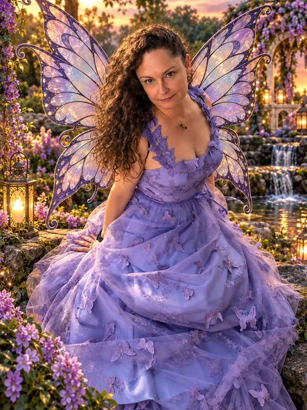Woman dressed as a fairy with wings in a purple dress.