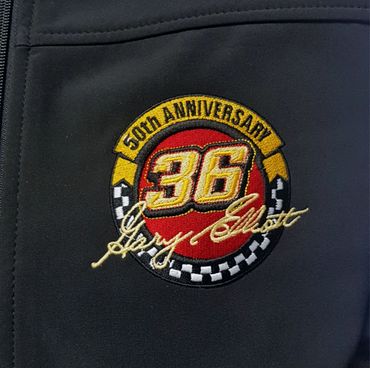 Embroidered patch celebrating Gary Elliott's 50th anniversary with number 36.