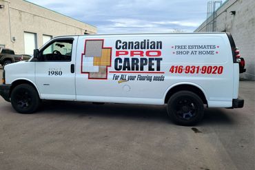 White van with Canadian Pro Carpet branding and contact details.