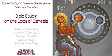 Announcement for Bible study on Genesis by St. John The Baptist Church.