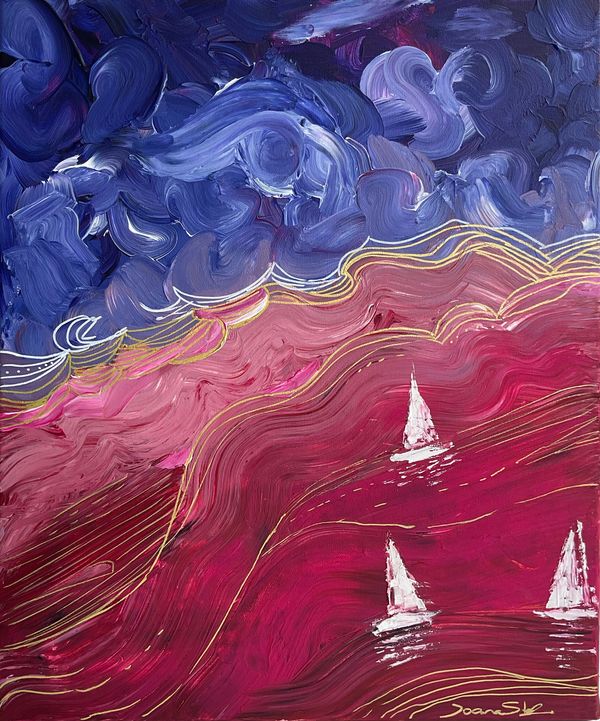 Sailing boats on a raspberry pink sea , the ocean’s waves with golden accents, blue sky with clouds