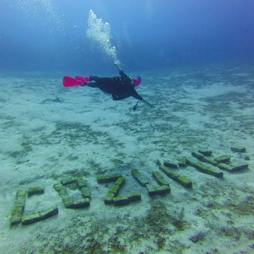 Diver exploring underwater site with stone letters spelling Cozumel.