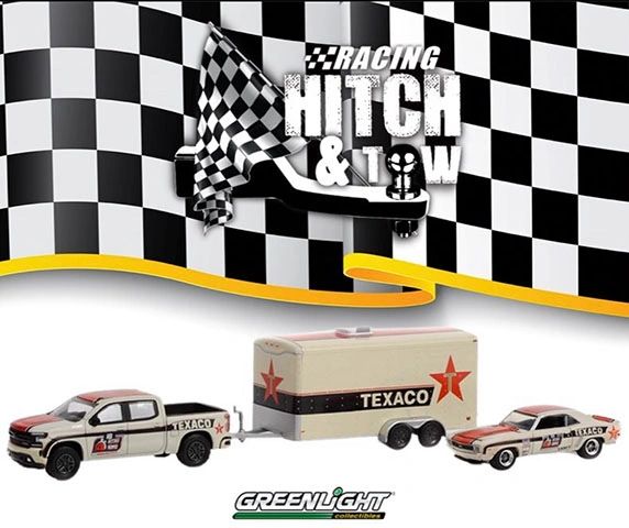 GreenLight 1:64 Hitch & Tow Racing Texaco Silverado & Camaro - Set Con Trailer