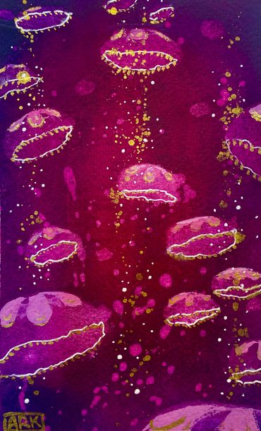 Moon Jellies, 7x5"Acrylic on paper, 2022